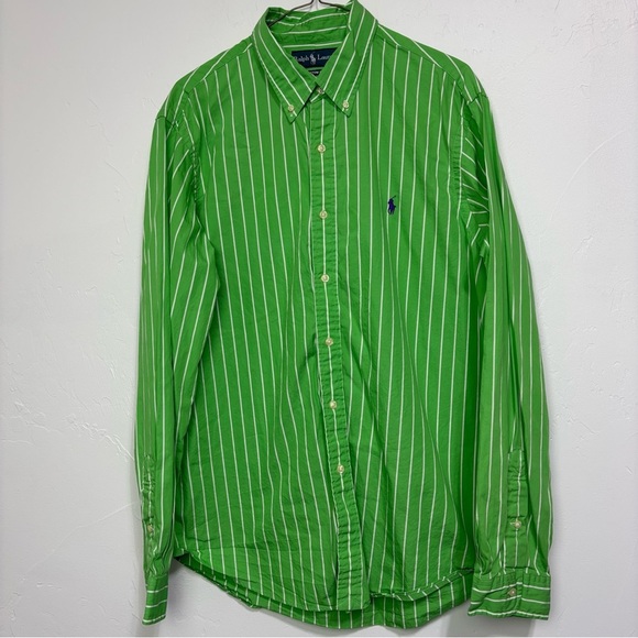 Ralph Lauren Custom Fit Men's Large Green White Stripe Purple Pony Button Up Top - Picture 1 of 7